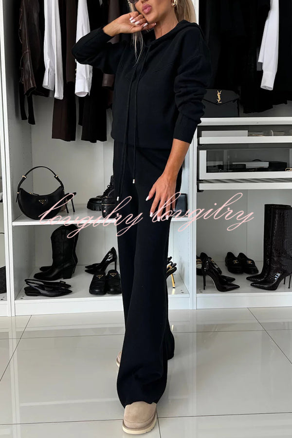 Solid Color Loose Hooded Tie Sweatshirt and Elastic Waist Casual Straight Pants Set