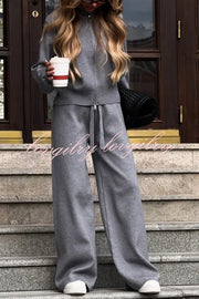 Effortlessly Stylish Ribbed Zipper High Neck Sweatshirt and Elastic Waist Pocketed Loose Pants Set