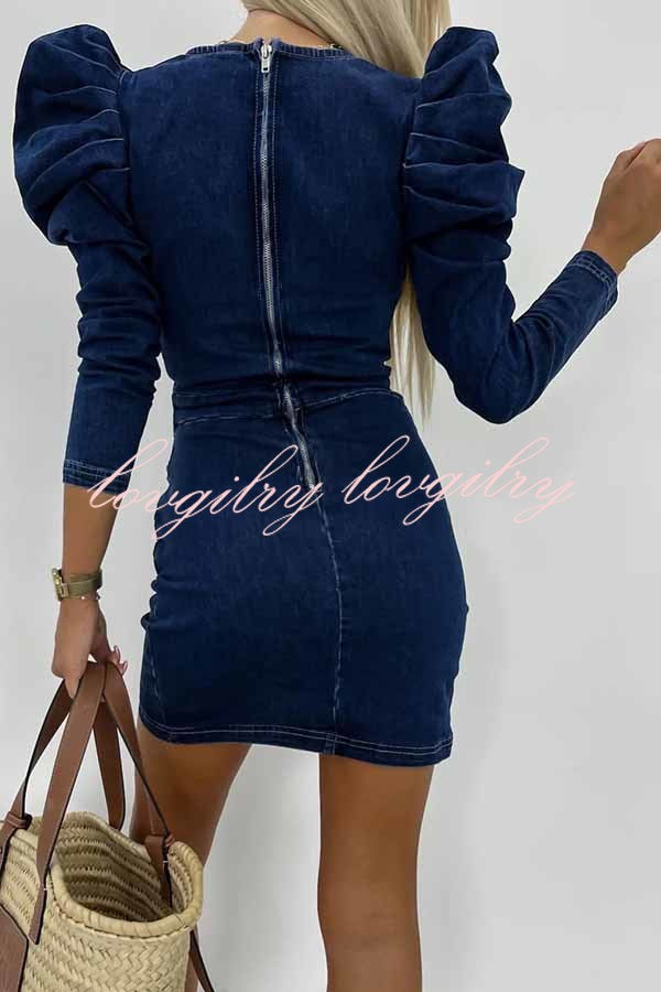 All The Best Denim Puff Sleeve Ruched Stretch Mini Dress