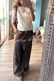 Alboran Knit Organza Flowers Detail Short Sleeve Loose Sweater