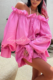 Arnell Linen Blend Off Shoulder Balloon Sleeve Shirt and Elastic Waist Layered Shorts Set