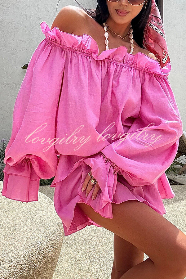 Arnell Linen Blend Off Shoulder Balloon Sleeve Shirt and Elastic Waist Layered Shorts Set