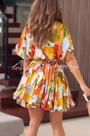 Unique Printed Round Neck Short Sleeve Waist Tie Vacation Mini Dress
