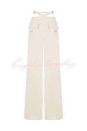 Leia High Neck Button Bell Sleeve Top and Cutout Waist Metal Pocketed Flare Pants Set