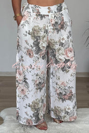 Linen Blend Crew Neck Long Sleeve Irregular Loose Top and Elastic Waist Floral Print Casual Pocket Set
