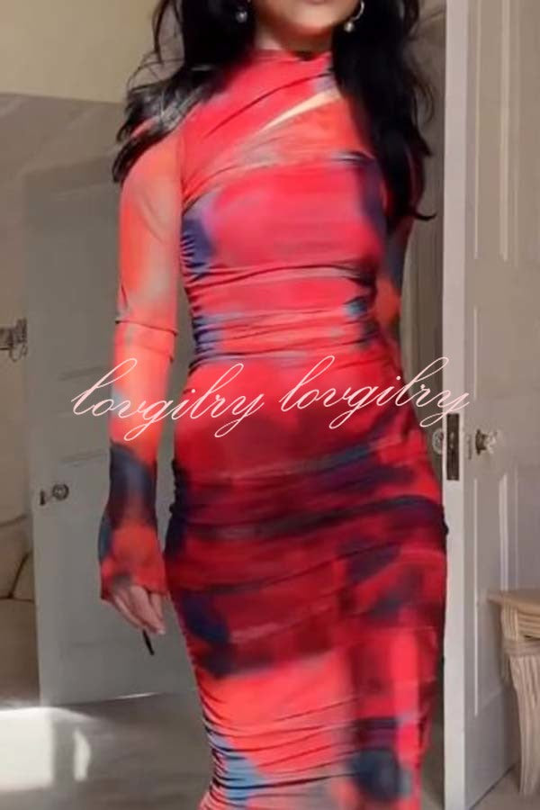 Won The Attention Mesh Tie Dye Ruched Midi Dress