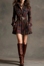 Plaid Print Lapel Long Sleeve Fitted Waist Pocket Casual Mini Dress