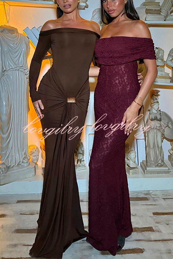 Naia Off Shoulder Long Sleeve Metal Buckle Adjustment Drape Stretch Maxi Dress