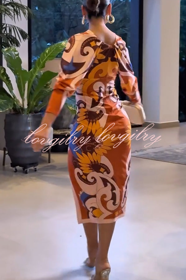 Bahamas Unique Print Dolman Long Sleeve Ruched Slit Midi Dress