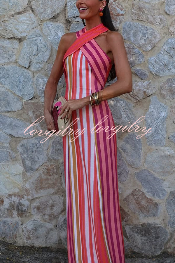 Sunset Breeze Linen Blend Colorful Stripes Cross Halter Flare Maxi Dress