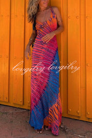 La Bamba Tie-dye Print Back Lace-up Stretch Maxi Dress