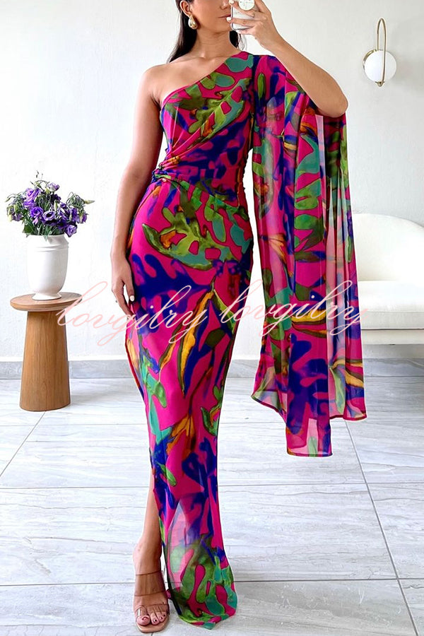 Colorful Printed One-sleeve Slim-fitting Slit Maxi Dress