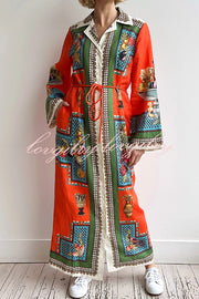 Linen Blend Unique Print Tie-waist Casual Maxi Dress