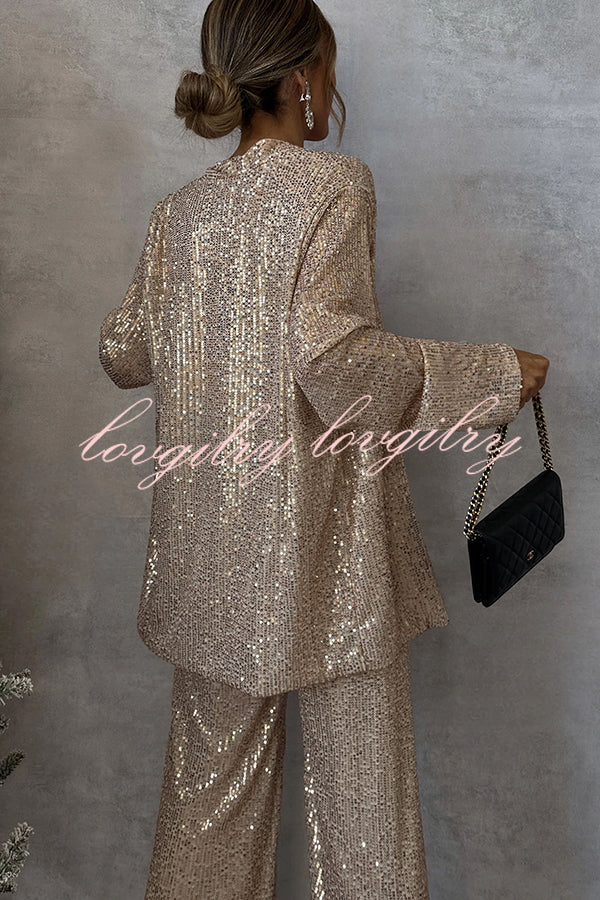 Party Scene Sequin Open Front Long Sleeve Drape Coat