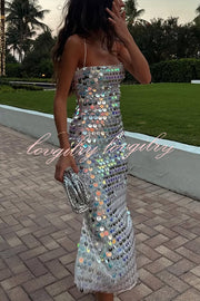 Sexy Sequined Halter-neck Backless Slim Fit Slit Midi Dress