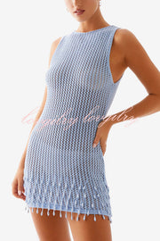 Fashion Knit Hollow Beaded Tassel Embellished Sleeveless Slim Mini Dress