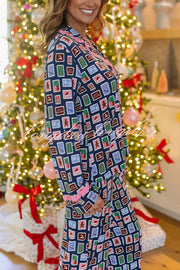 Postcards To Santa Unique Print Ruffles Trim Pocket Shirt and Elastic Waist Pajama Set