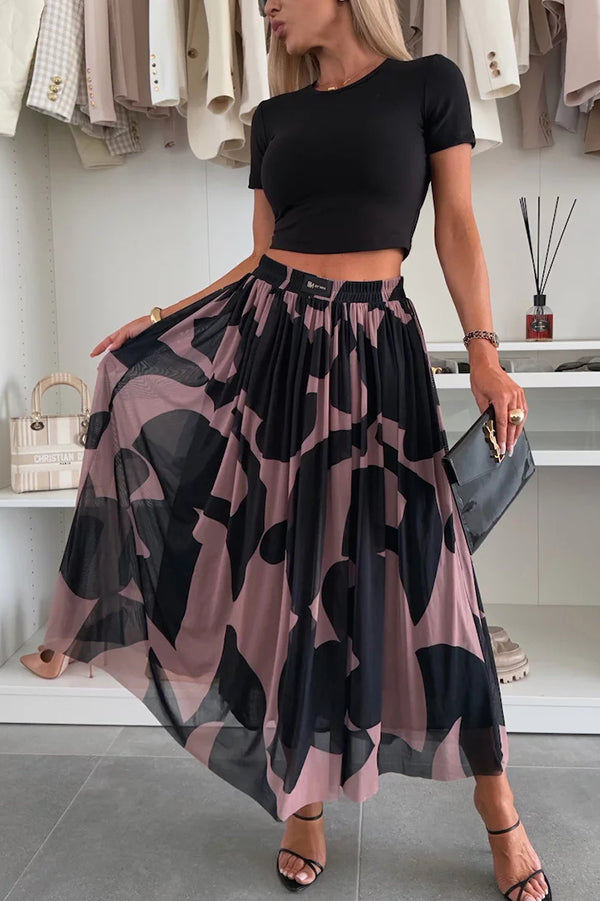 Colorblock Print Elastic Waist Relaxed Tulle Maxi Skirt