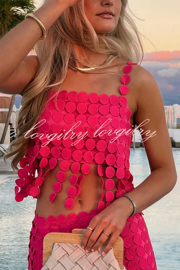 Caitlin See Through Circle Embroidery Square Neck Tassle Hem Slip Tank
