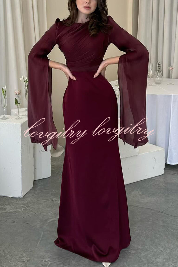 Liora Ruched Organza and Satin Patchwork Design Long Bell Slit Sleeve Maxi Dress