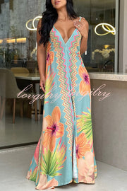 At Beachside Floral Print Halter Tassle Backless A-line Maxi Dress