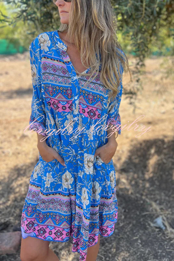 Ethnic Floral Print V-neck Loose Pocket Mini Dress