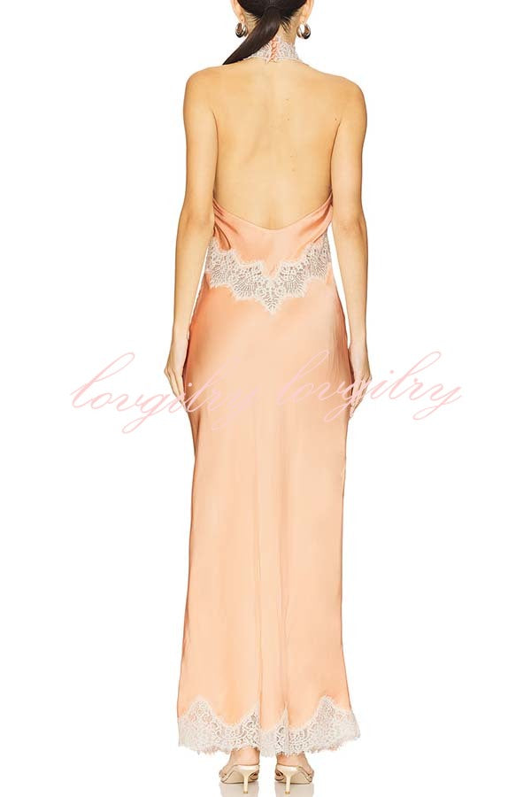 Anniversary Sweet Satin Lace Trim Halter Backless Maxi Dress
