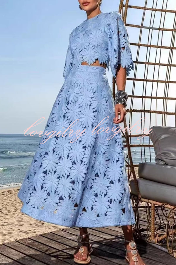 Elegant Embroidered Hollow Flowers Bell Sleeve Top and Full Hem Maxi Skirt Set