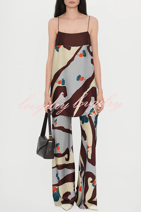 Loving Views Satin Unique Print a-line Tank and Elastic Waist Loose Pants Set