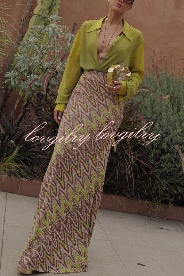 Moonlit Waltz Knit Jacquard Zigzag Print High Rise Stretch Flare Maxi Skirt