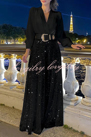 V Neck Long Sleeve Shirt Sequined Wide Leg Jumpsuit