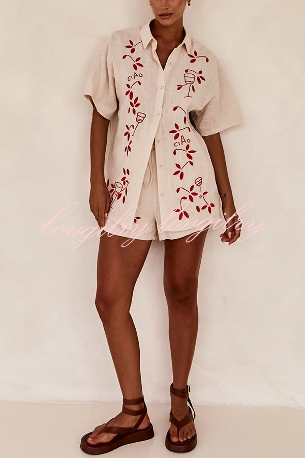 Unique Artistic Embroidered Button Lace Up Pocket Shorts Set