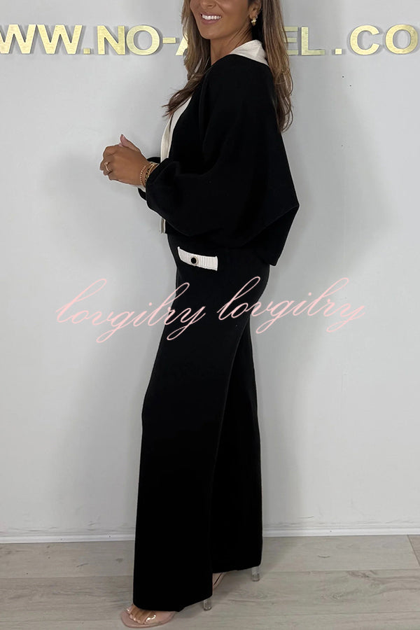 Fashion Contrast Color V-neck Loose Cardigan and Elastic Waist Casual Pants Set