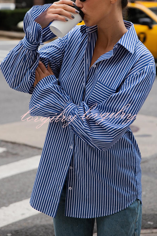 Striped Print Ruffled Long Sleeve Pockets Loose Shirt