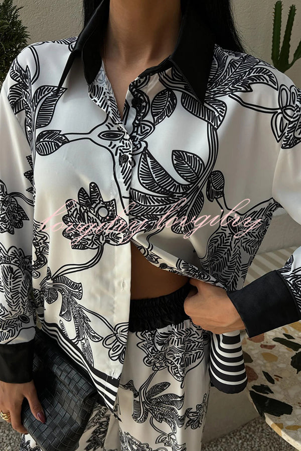 Sofia Contrast Color Flowers Print Long Sleeve Shirt and Elastic Waist Pocketed Pants Set