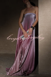 Gorgeous Styling Satin Pleated Elastic Bust Strapless A-line Gown Maxi Dress