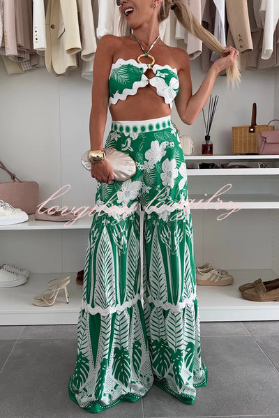 Cassie Ric Rac Trims Unique Print Halter Ring Tank and High Rise Wide Leg Pants Set