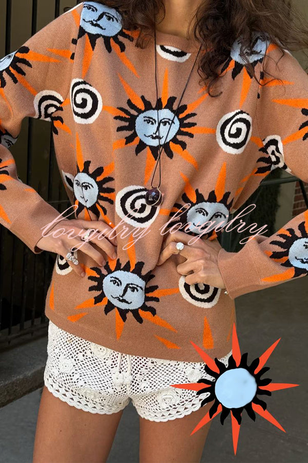 Mediterranean Art Knit Unique Sun Vortex Print Long Sleeve Relaxed Sweater