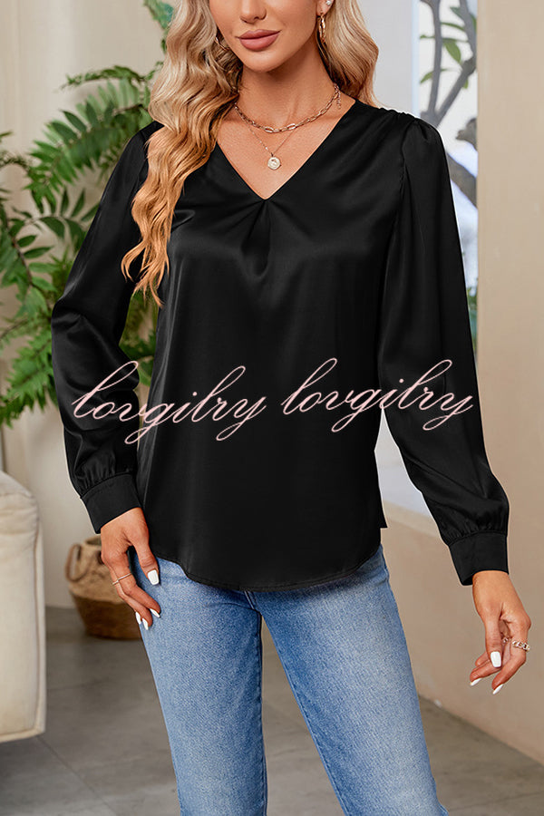 Satin Pleated V-neck Long-sleeved Loose Shirt