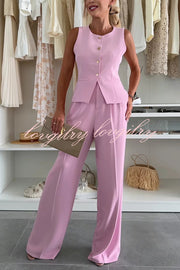 Workplace Chic Sleeveless Button Vest and Relaxed Pocket Wide Leg Pants Set