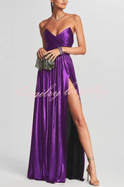 Goddess Temperament Metallic Pleated Fabric Off Shoulder Slit Maxi Dress