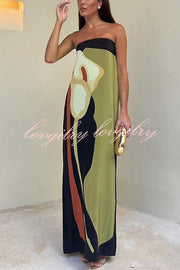 Jaime Abstract Floral Print Elastic Strapless Vacation Maxi Dress