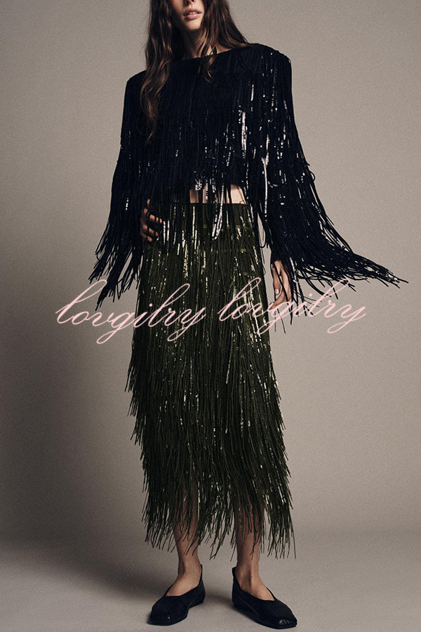 Party Crasher Layered Sequined Tassels High Rise Back Zipper Midi Skirt