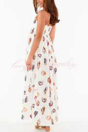 Long Weekend Linen Blend Shells Unique Print Smocked Pocket Lightweight Maxi Dress