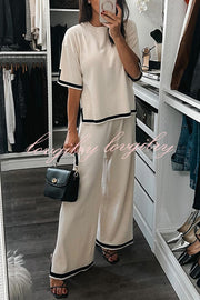 Lounge or Casual Wear Knit Patchwork Color Block Short Sleeve Top and Elastic Wide Leg Pants