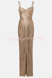 Vegas Queen Metallic Pleated Sculpted Bodice Back Lace-up Drape Maxi Dress