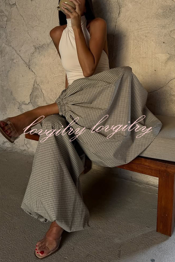 Fashion Plaid Print Elastic Waist Pocket Loose Wide-leg Pants