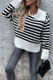 Irregular Lapel Contrast Striped Knitted Long Sleeved Sweater