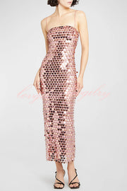 Glamour Glow Sequin Spaghetti Strap Birthday Party Midi Dresses