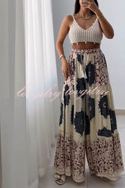 Unique Print Elastic High Waist Tie Pocket Holiday Style Wide Leg Pants